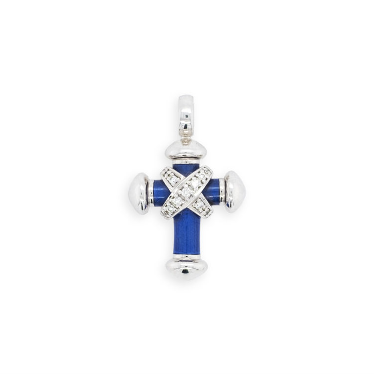 Kreuz Anhänger 750/- Weißgold mit Brillanten und blauem Kaltmemaille