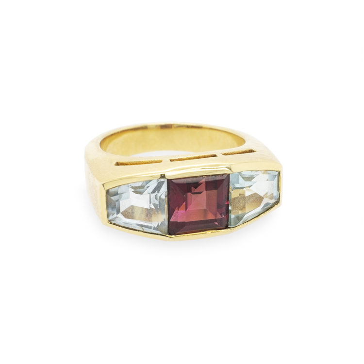 Turmalin Ring 750/- Gelbgold mit Aquamarinen