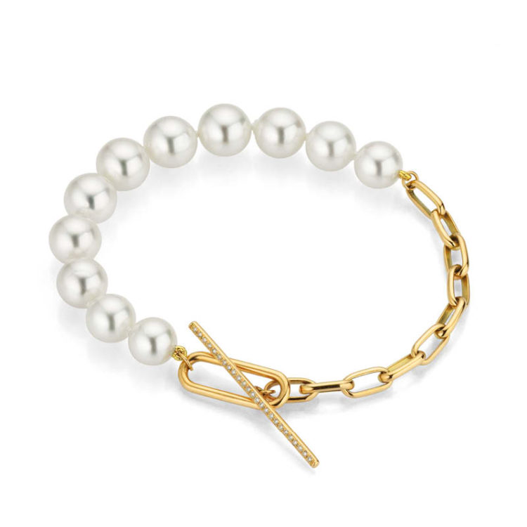 Armband 750/-Gelbgold mit Südsee Zuchtperlen und Brillanten