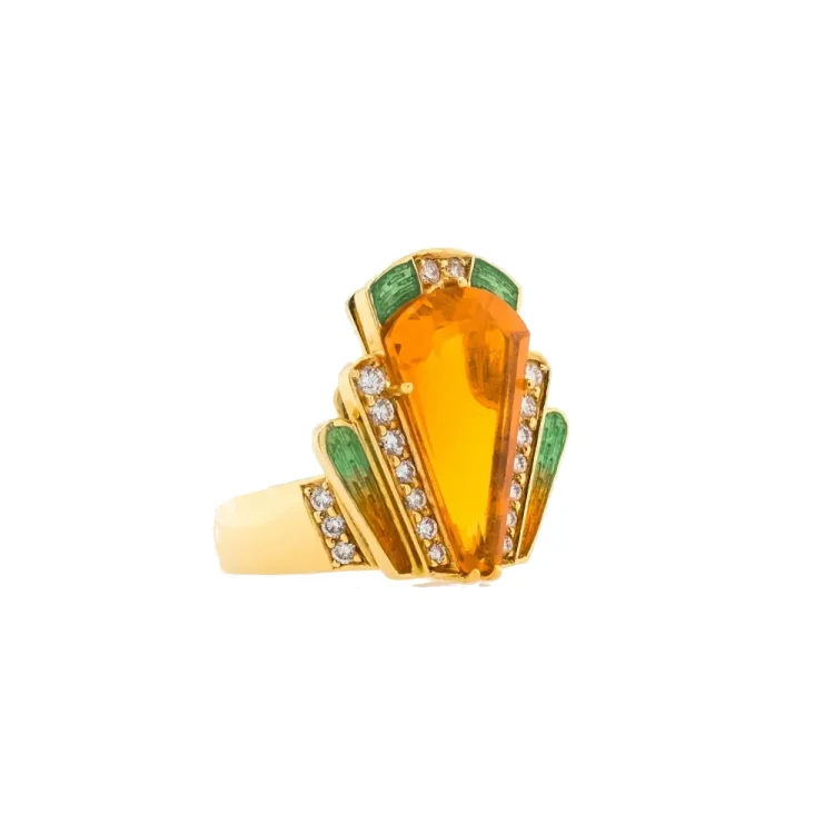 Ring 750/-Gelbgold, Emaille mit Feueropal und Brillanten