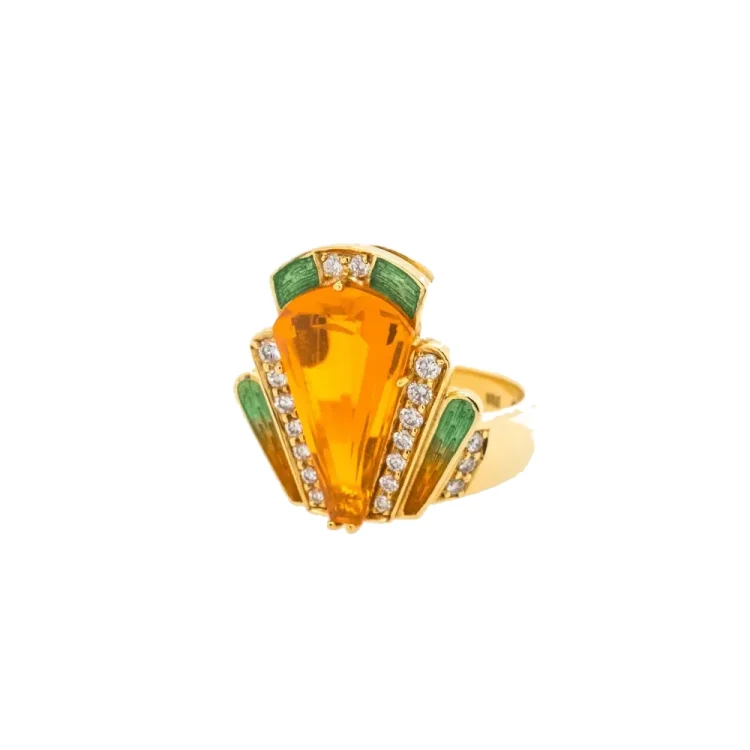 Ring 750/-Gelbgold, Emaille mit Feueropal und Brillanten